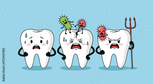 Cute cartoon teeth characters experiencing distress and attack from tiny germs and bacteria.
