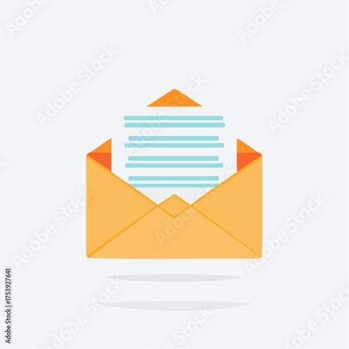 A flat design vector illustration of an open orange envelope with a letter inside on a light gray background.