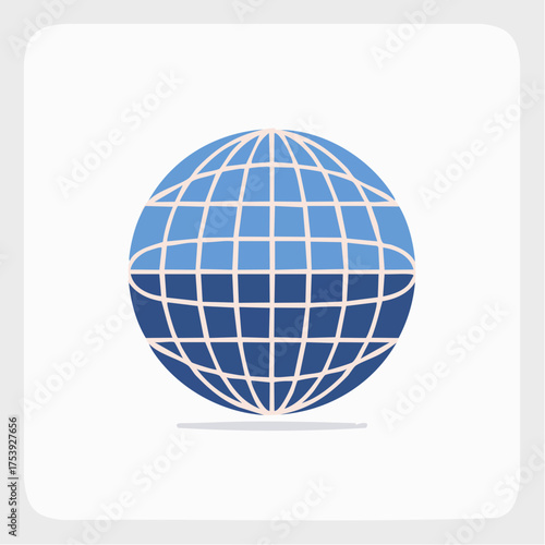 Flat design icon of a blue globe with a grid of longitude and latitude lines.