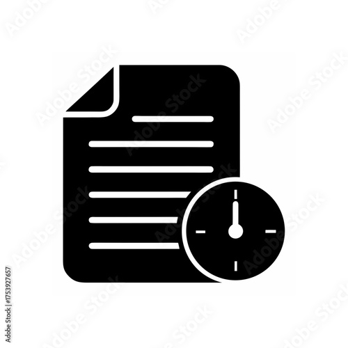 Document with lines and a clock next to it on transparent background silhouette