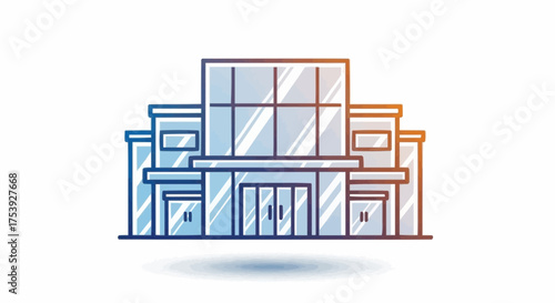 Modern Commercial Building Facade With Large Glass Windows and Blue Orange Gradient Lines