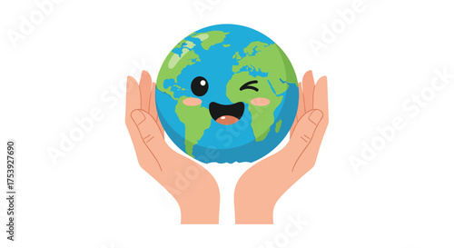 Two hands gently holding a happy cartoon earth planet with a friendly face in a protective gesture.