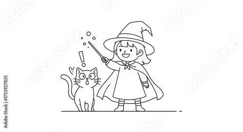 A playful young witch and her surprised feline companion conjuring magical sparks with their wands.