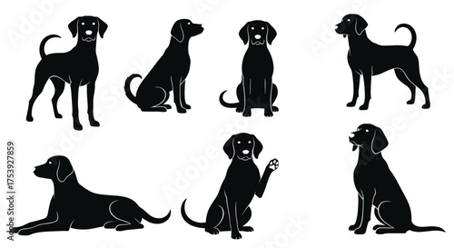 A collection of silhouette images showcasing various dog poses and breeds in black and white.