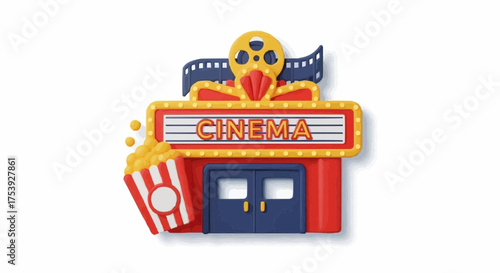 3D illustration of a vintage cinema building, featuring popcorn and the word 'cinema', a classic entertainment venue