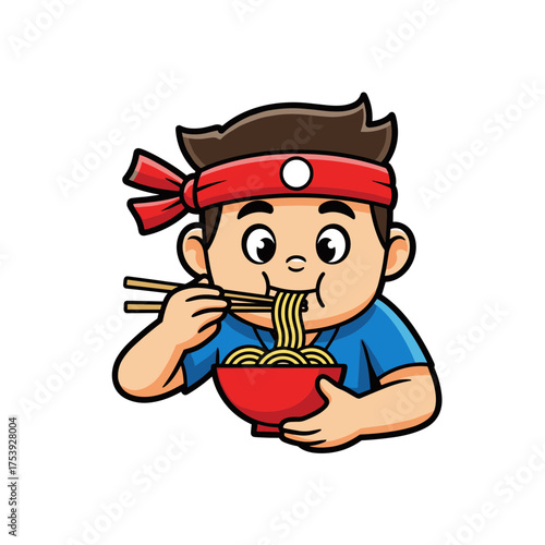 Happy Boy Character Eating Asian Noodles with Chopsticks in a Red Bowl