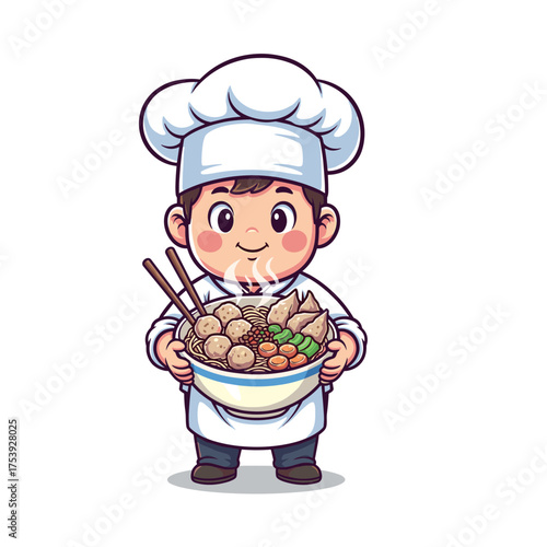 Cute Cartoon Chef Holding a Steaming Bowl of Bakso Noodles and Meatballs