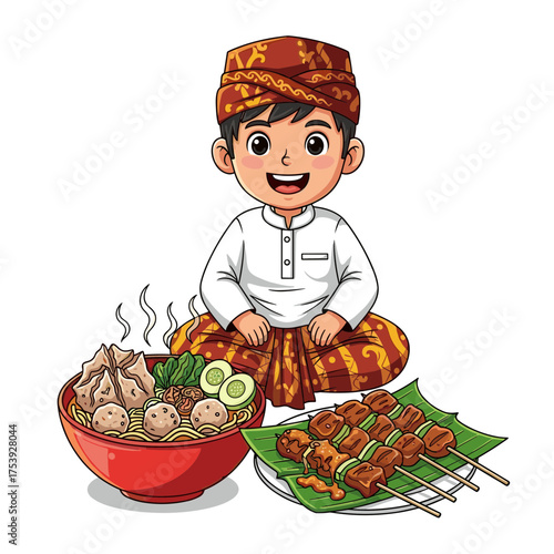 Cute Cartoon Boy in Traditional Indonesian Attire with Bakso Noodle Soup and Satay Skewers