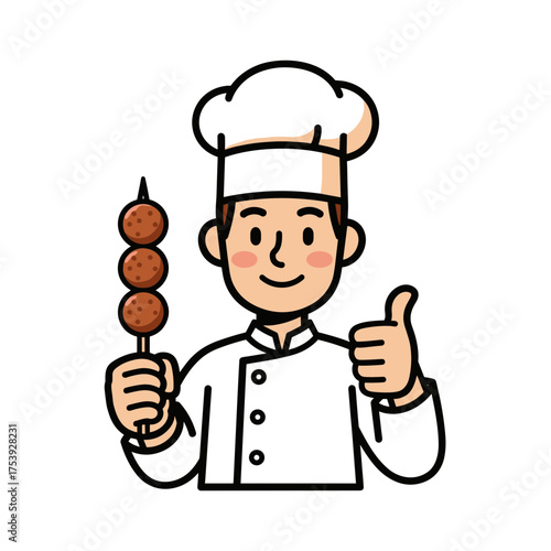 Cheerful Cartoon Male Chef Giving Thumbs Up While Holding a Meatball Skewer