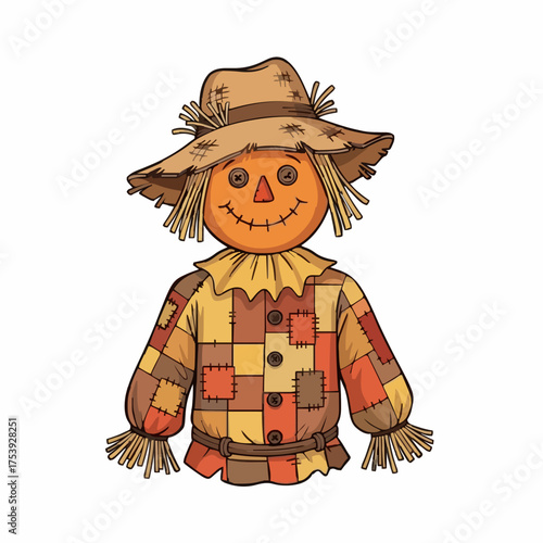 A cheerful cartoon scarecrow illustration wearing a patchwork shirt and straw hat, depicted in a colorful, hand-drawn style against a clean white background.