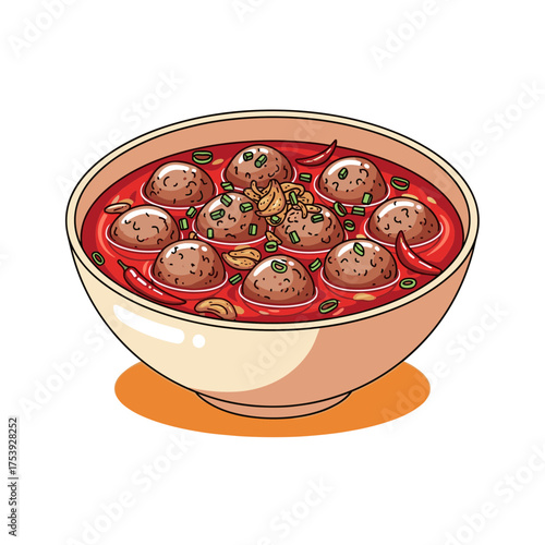 Overhead View of Spicy Meatball Soup in Red Sauce with Chili Peppers and Garnish Illustration