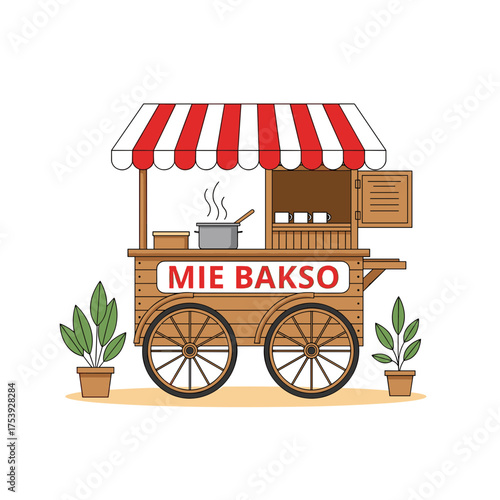 Traditional Indonesian Mie Bakso Street Food Cart with Striped Canopy and Cooking Pot Illustration