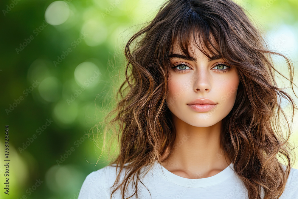 Naklejka premium A close-up portrait of a young woman with wavy hair and striking features, set against a soft, blurred green background.