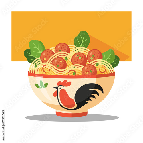 Indonesian Bakso Noodles with Meatballs and Greens in Traditional Rooster Bowl