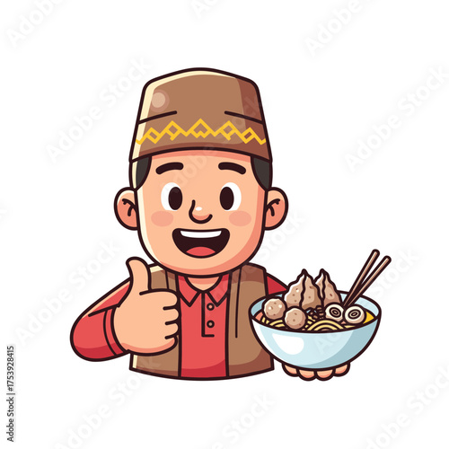 Smiling Cartoon Man in Peci Holding Bakso Bowl and Showing Thumbs Up