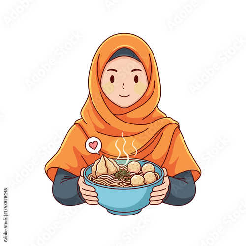 Smiling Muslim Woman in Hijab Holding a Steaming Bowl of Bakso Noodles Soup with Meatballs