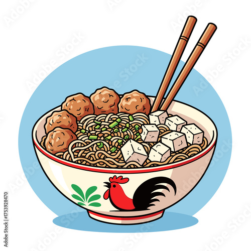 Traditional Indonesian Bakso Noodles Soup with Meatballs and Tofu in a Classic Rooster Bowl and Chopsticks