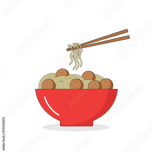 Simple Illustration of Bakso Noodles and Meatballs with Chopsticks in Red Bowl