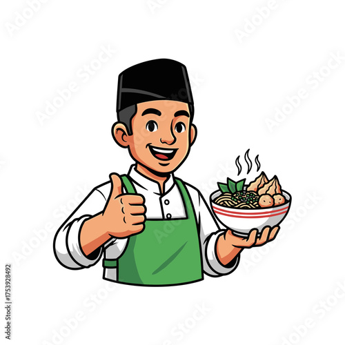 Cheerful Muslim Man Chef in Apron Giving Thumbs Up, Holding a Hot Bowl of Bakso Noodles Soup