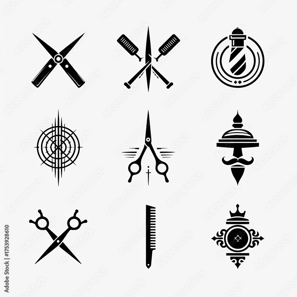 Naklejka premium A collection of black and white barber-themed icons, including scissors, combs, and barbershop symbols, arranged in a grid pattern.