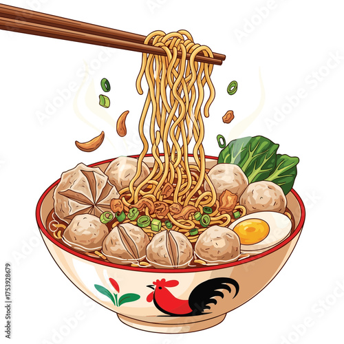 Delicious Indonesian Bakso Noodle Soup with Meatballs, Bok Choy, and Egg, Eaten with Chopsticks