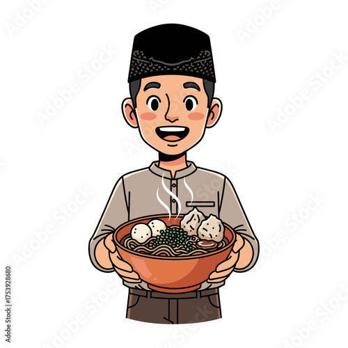 Happy Indonesian Man in Peci Hat Holding a Steaming Bowl of Bakso Noodle Soup, Cartoon Character