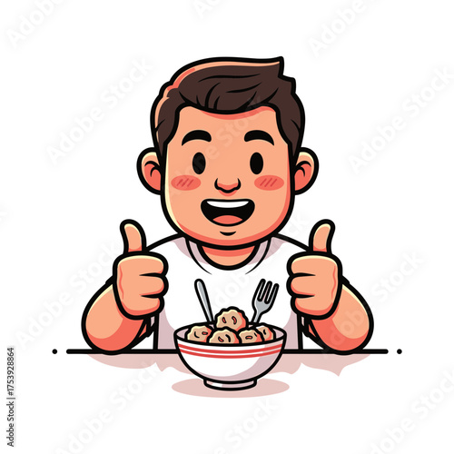 Happy boy enjoying a bowl of bakso meatballs, giving a cheerful thumbs-up gesture, cartoon illustration.