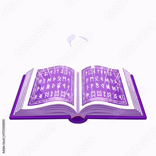 An open book with illustrated magical runes displayed on purple pages, captured in a vibrant, flat lay against a stark white background, creates a mystical mood.