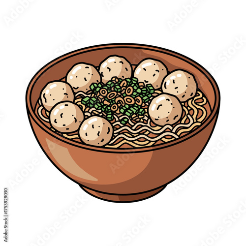 Simple and classic bowl of Bakso, Indonesian meatball and noodle soup, vector illustration.