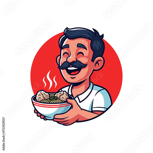 Cheerful man with a mustache happily holding a steaming hot bowl of bakso, enjoying traditional Indonesian food.