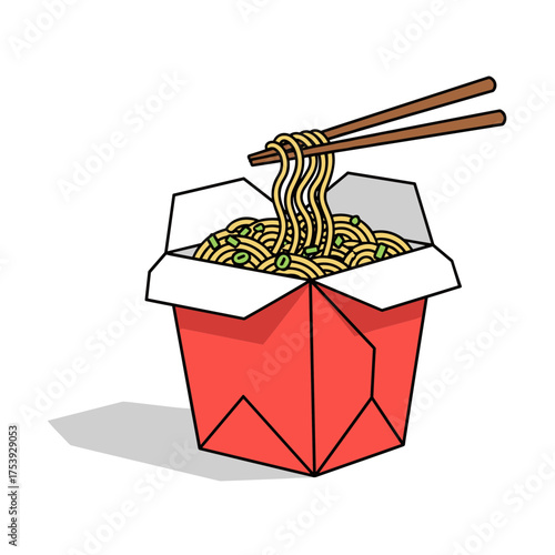 Red Chinese takeout box filled with delicious noodles, ready to be enjoyed with chopsticks, vector illustration.