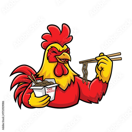Funny cartoon rooster happily eating noodles from a takeout box with chopsticks, a playful food illustration.