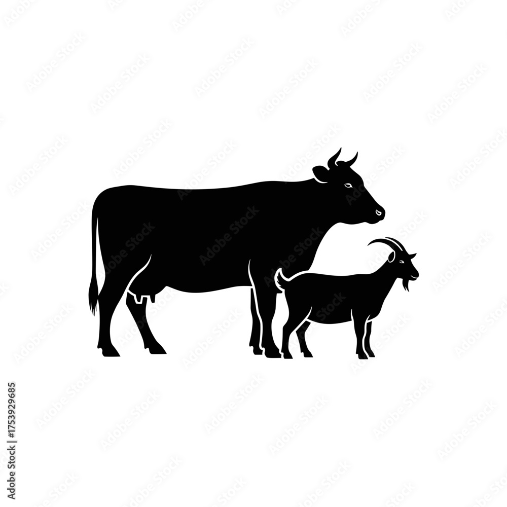 Fototapeta premium Black Silhouette of a Cow and Goat Standing Together Side View