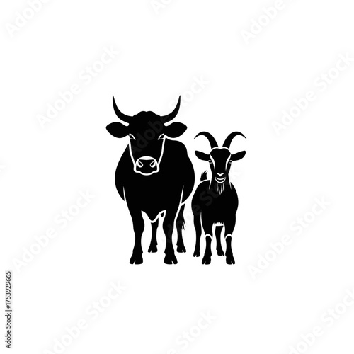 Black Silhouette of a Cow and Goat Standing Front View