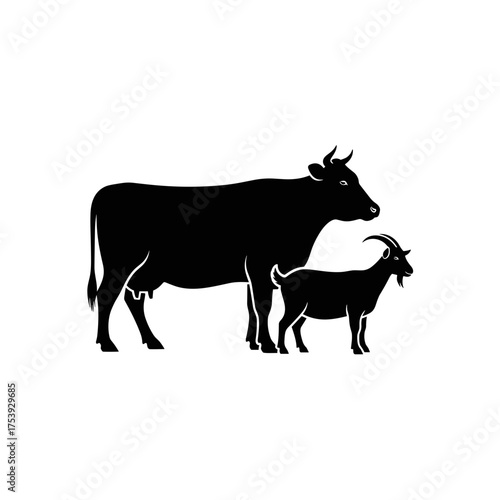 Black Silhouette of a Cow and Goat Standing Together Side View