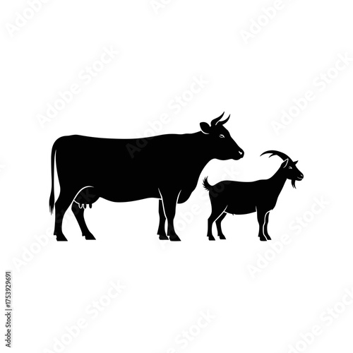 Black Silhouette of a Cow and Goat Facing Right Side View