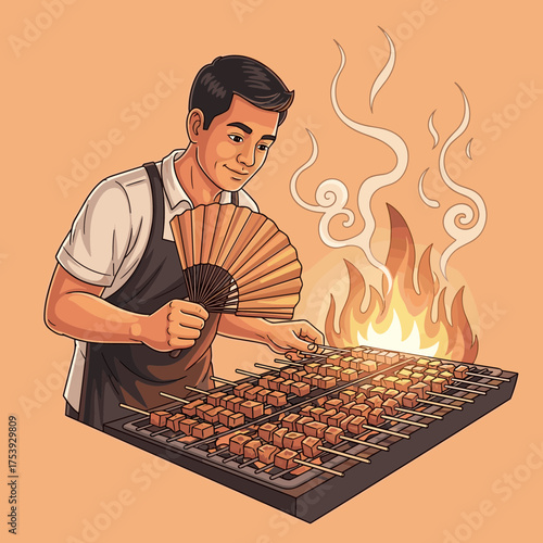 Asian Man Grilling Traditional Sate Skewers with a Hand Fan