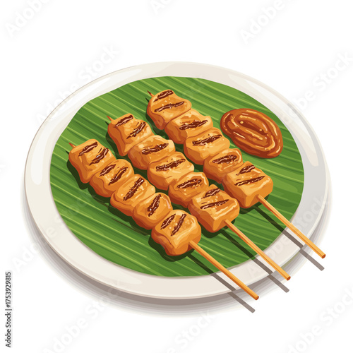 Delicious Tofu or Tempeh Sate Skewers Served on a Plate with Sauce
