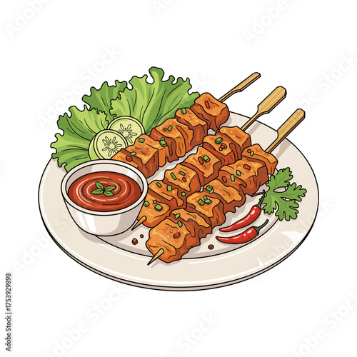 Vegan Tofu Sate Skewers Served on a Plate with Chili Sauce