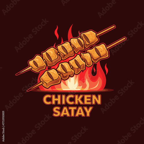 “Chicken Satay” Logo Design with Two Grilled Skewers Over Flames Illustration