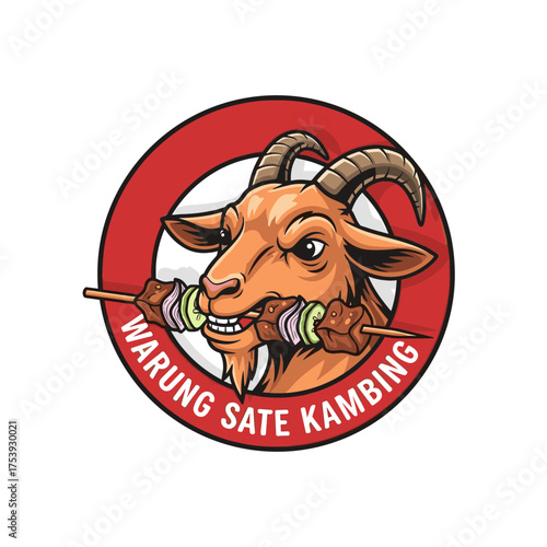 “Warung Sate Kambing” Logo with a Cartoon Goat Biting a Skewer of Satay Illustration