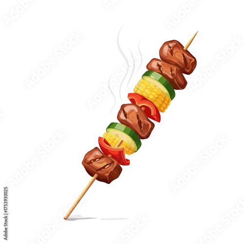 Steaming Grilled Skewer with Beef, Corn, Zucchini, and Red Peppers Isolated Vector