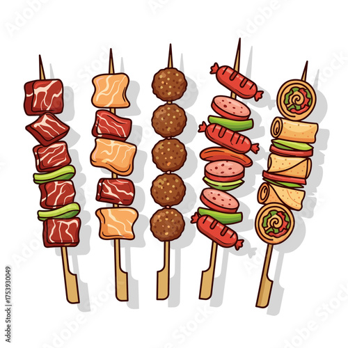 Diverse Assortment of Five Skewers with Beef, Fish, Meatballs, Sausages, and Spring Rolls Vector