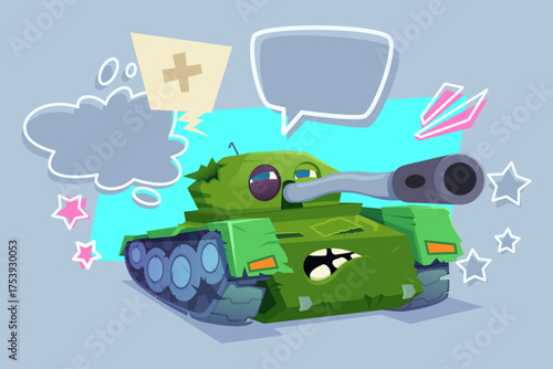Cartoon-style tank with playful facial expressions. Its green exterior showing signs of damage, colorful speech bubbles around it adding whimsical touch