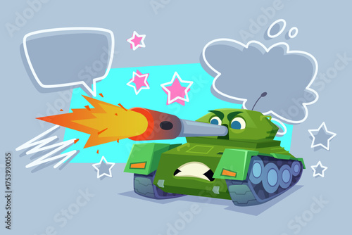 Colorful cartoon tank shooting flames from its cannon while displaying expression of determination. Fun stars and speech bubbles adding whimsical touch to background