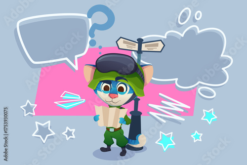 Cartoon cat wearing green helmet and uniform standing at street sign, looking perplexed while reading map. Speech bubbles suggesting confusion about directions