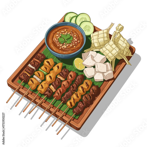 Indonesian satay skewers with peanut sauce, fresh cucumber, ketupat rice cakes, and tofu on a wooden tray.
