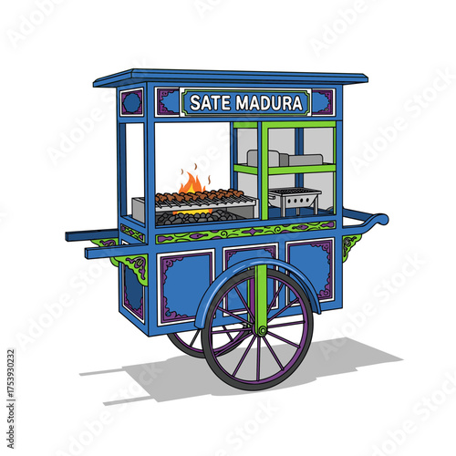Detailed "Sate Madura" street food cart with fire for grilling, preparing traditional Indonesian satay.