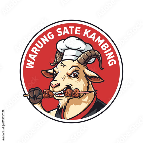 "Warung Sate Kambing" logo featuring a chef goat biting a satay skewer, perfect for a goat satay restaurant.
