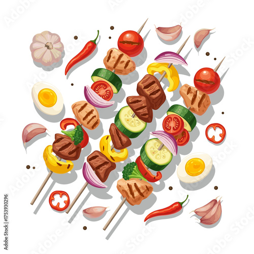 Delicious assorted satay skewers with meat and vegetables, surrounded by chili, garlic, and eggs, top view.